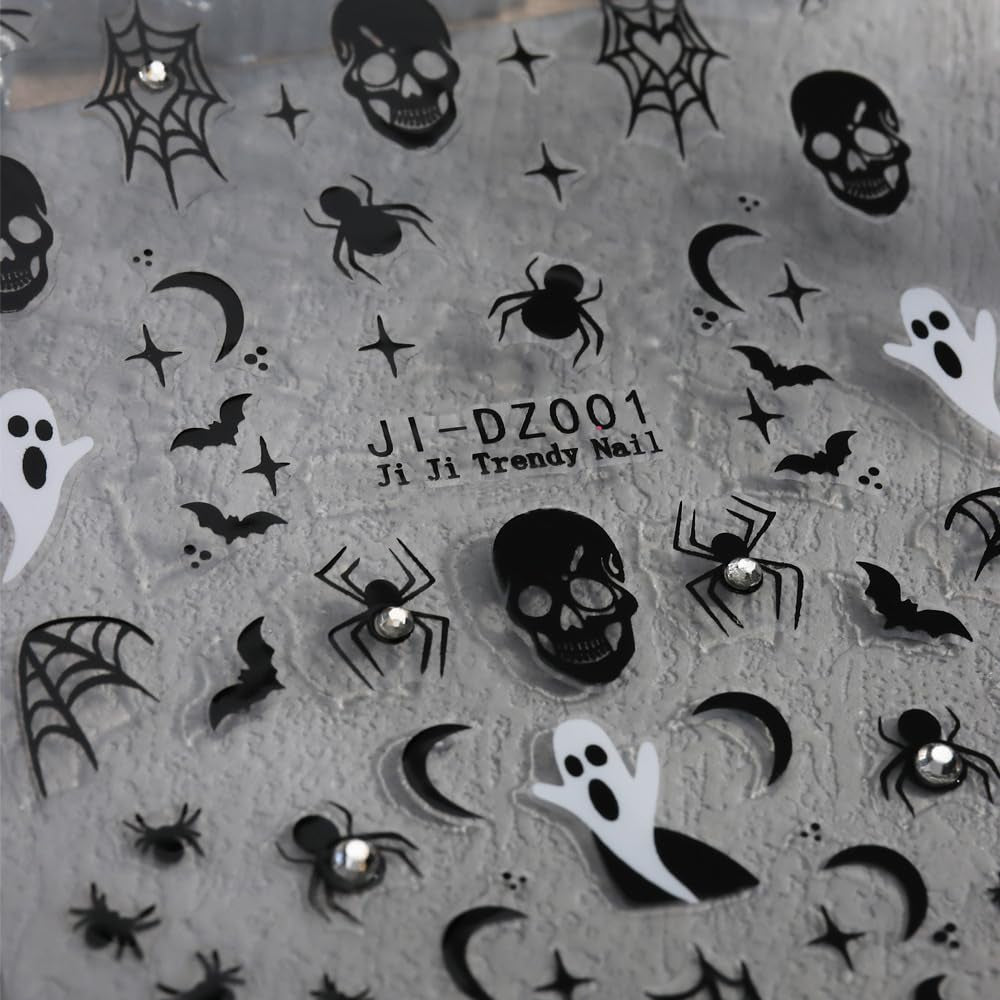 Halloween Nail Art Stickers 3D with Rhinestone - 3PCS Spider Web, Skull, Ghost Design Manicure Decal - Dark Black Decorations Supplies for Women